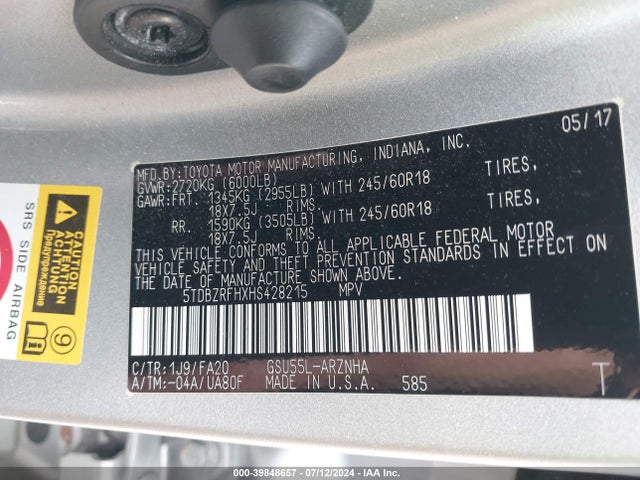 Toyota Highlander Le Plus 2017 5TDBZRFHXHS428215 Image 9