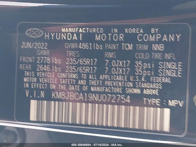 KM8JBCA19NU072754 Hyundai Tucson Hybrid Blue