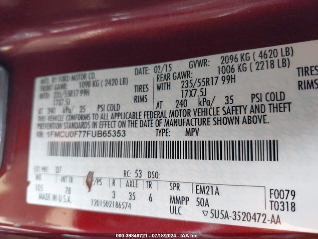Ford ESCAPE S 2015 1FMCU0F77FUB65353 Image 9