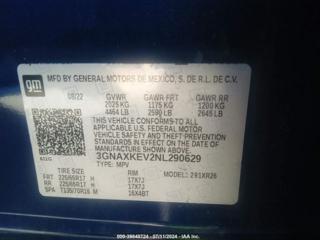 3GNAXKEV2NL290629 Chevrolet Equinox Fwd Lt