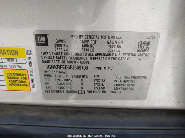 Chevrolet Traverse Ls 2015 1GNKRFED3FJ369796 Image 9