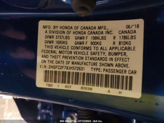 Honda CIVIC EX 2018 2HGFC2F7XJH572631 Image 9