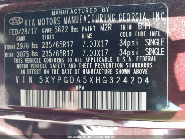 5XYPGDA5XHG324204 KIA Sorento 3.3l Lx