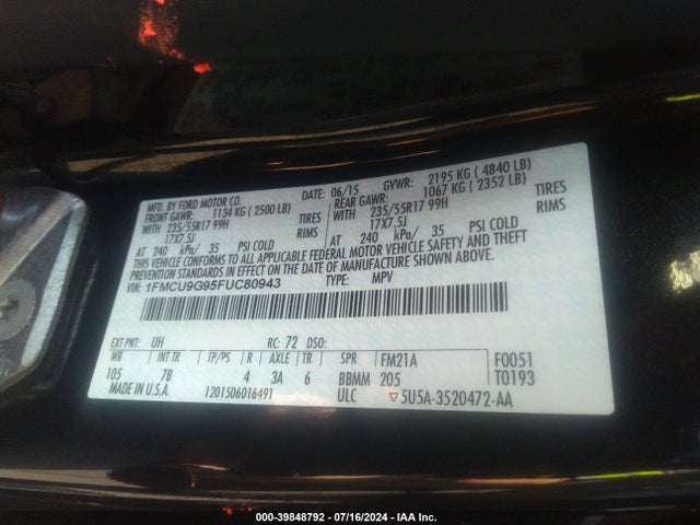 Ford ESCAPE SE 2015 1FMCU9G95FUC80943 Image 9