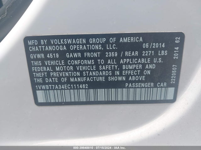 1VWBT7A34EC111462 Volkswagen Passat 1.8t Se