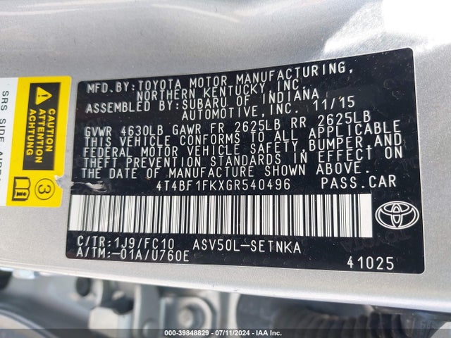 Toyota CAMRY LE 2016 4T4BF1FKXGR540496 Image 9