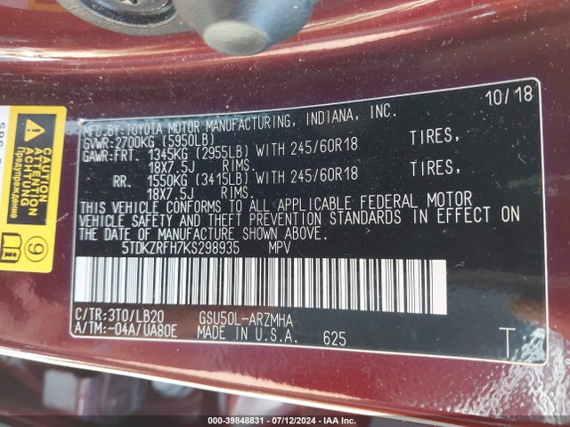 5TDKZRFH7KS298935 Toyota Highlander Xle
