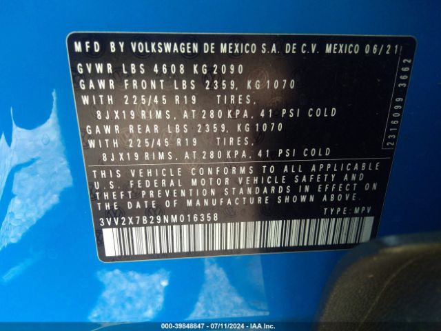 3VV2X7B29NM016358 Volkswagen Taos 1.5t Sel
