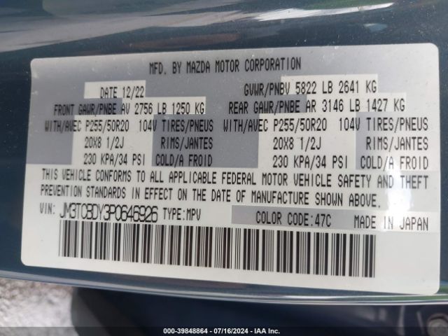 JM3TCBDY3P0646926 Mazda Cx-9 Carbon Edition