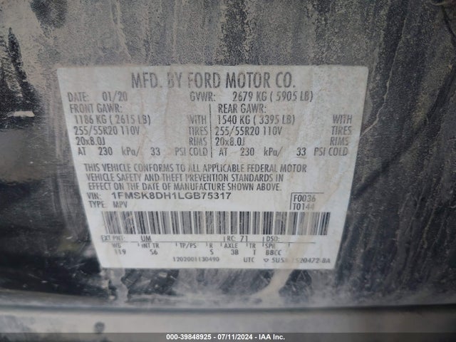Ford EXPLORER XLT 2020 1FMSK8DH1LGB75317 Image 9