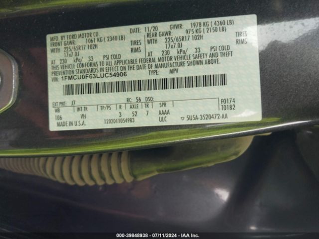 1FMCU0F63LUC54906 Ford ESCAPE S