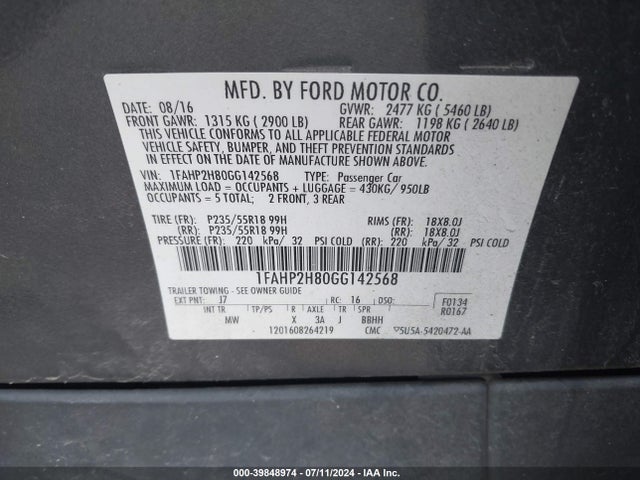 1FAHP2H80GG142568 Ford TAURUS SEL
