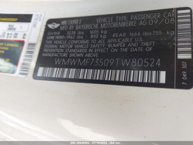 2009 MINI COOPER S WMWMF73509TW80524 Photo 8
