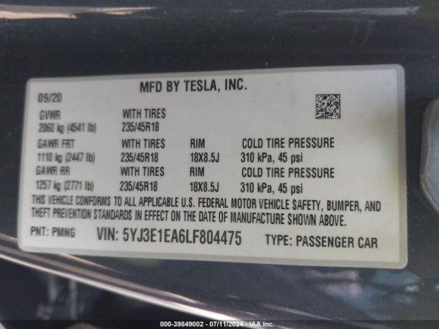 5YJ3E1EA6LF804475 Tesla Model 3 Standard Range Plus Rear-wheel Drive/standard Range Rear-wheel Drive