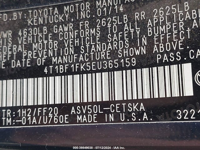 Toyota CAMRY SE 2014 4T1BF1FK5EU365159 Image 9
