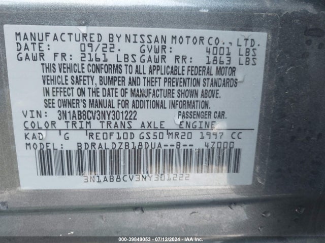 3N1AB8CV3NY301222 Nissan Sentra Sv Xtronic Cvt