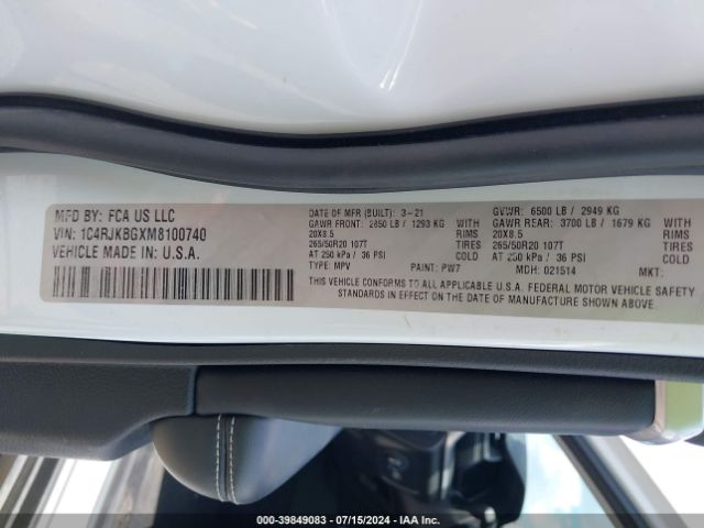 1C4RJKBGXM8100740 Jeep Grand Cherokee L Limited 4x4