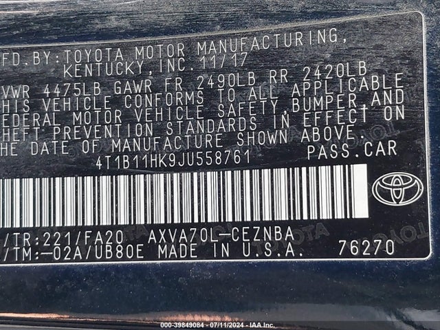 Toyota CAMRY LE 2018 4T1B11HK9JU558761 Image 9