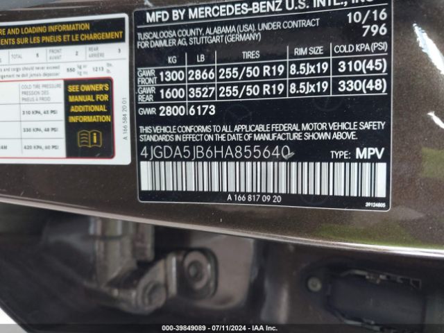4JGDA5JB6HA855640 Mercedes-Benz GLE 350