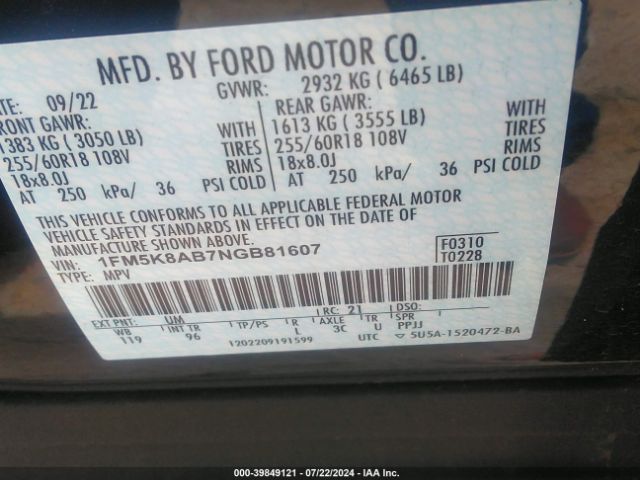 1FM5K8AB7NGB81607 Ford Police Interceptor Utility