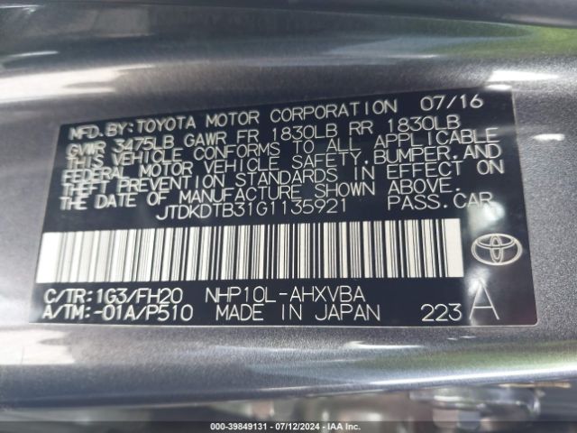 JTDKDTB31G1135921 Toyota Prius C One