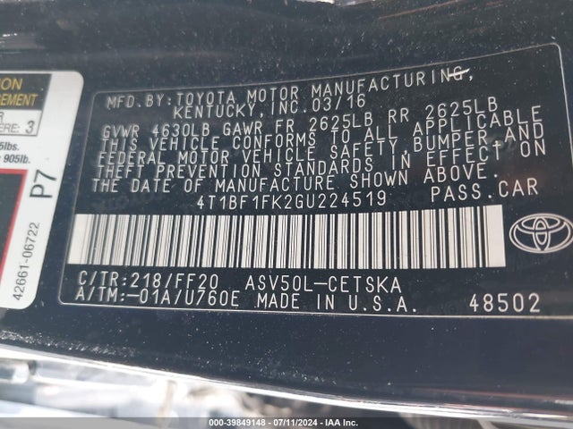 Toyota CAMRY SE 2016 4T1BF1FK2GU224519 Image 9
