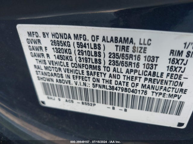 Aukcja sprzedaży 2009 Honda Odyssey Ex, vin: 5FNRL38479B040176, numer aukcji: 39849157