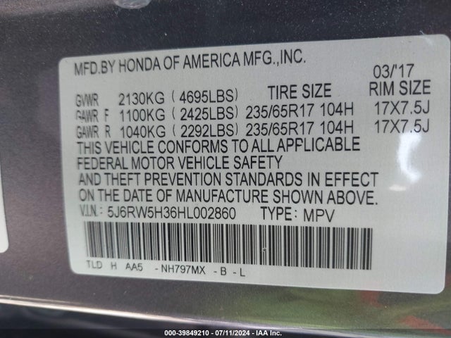 Honda CR-V LX 2017 5J6RW5H36HL002860 Image 9