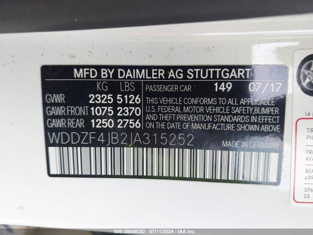 WDDZF4JB2JA315252 Mercedes-Benz E 300