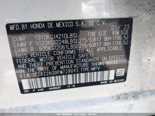 3CZRZ2H30PM729043 Honda Hr-v Awd Lx