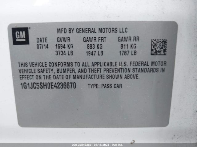 1G1JC5SH0E4236670 Chevrolet Sonic Lt Auto