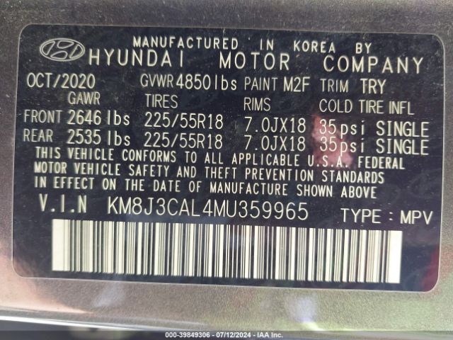 KM8J3CAL4MU359965 Hyundai TUCSON SEL