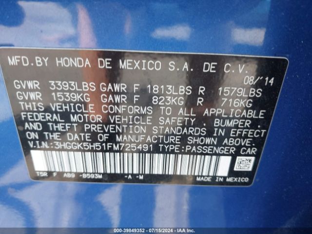 3HGGK5H51FM725491 Honda FIT LX