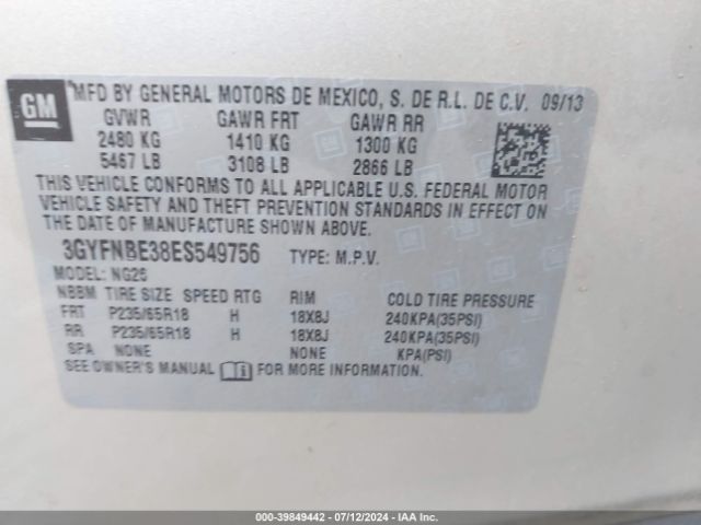 3GYFNBE38ES549756 Cadillac Srx Luxury Collection