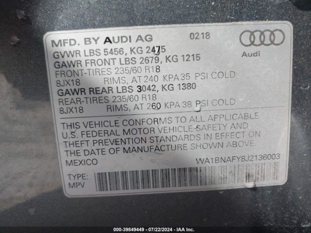 WA1BNAFY8J2136003 Audi Q5 2.0t Premium/2.0t Tech Premium