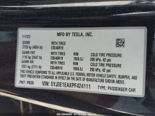 5YJ3E1EAXPF424111 Tesla Model 3 Rear-wheel Drive