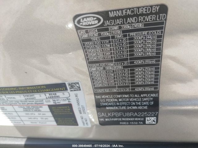 SALKPBFU8RA225227 Land Rover Range Rover P400 Se