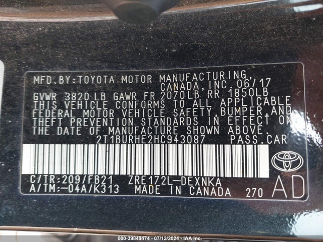 Toyota COROLLA LE 2017 2T1BURHE2HC943087 Image 9