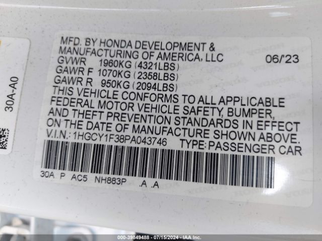 1HGCY1F38PA043746 Honda ACCORD EX