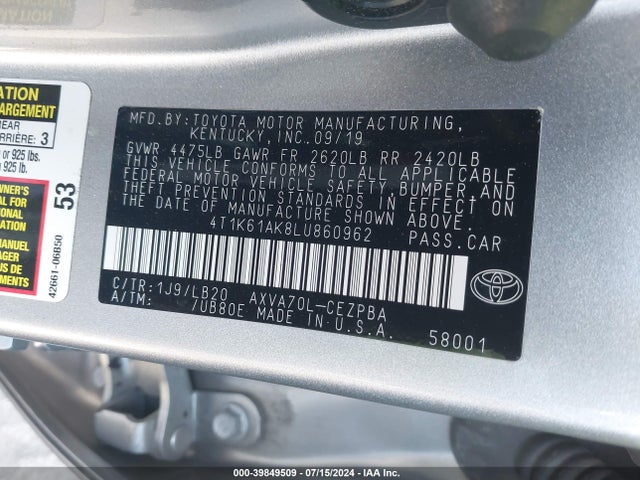 Toyota CAMRY XSE 2020 4T1K61AK8LU860962 Image 9