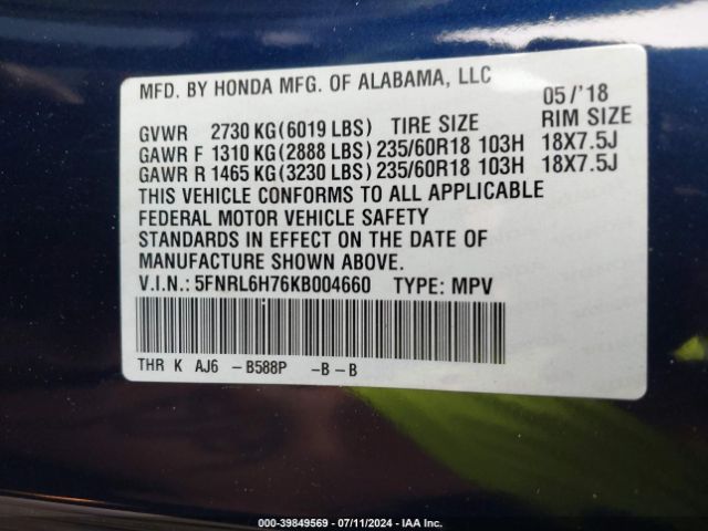 5FNRL6H76KB004660 Honda Odyssey Ex-l