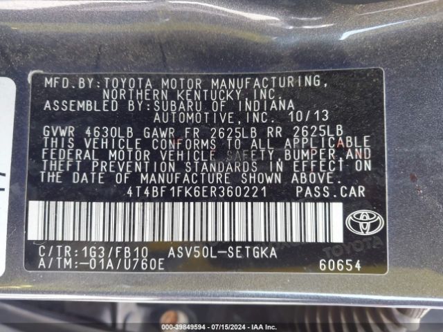 4T4BF1FK6ER360221 Toyota CAMRY XLE