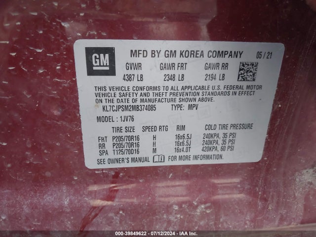Chevrolet Trax Awd Lt 2021 KL7CJPSM2MB374085 Image 9