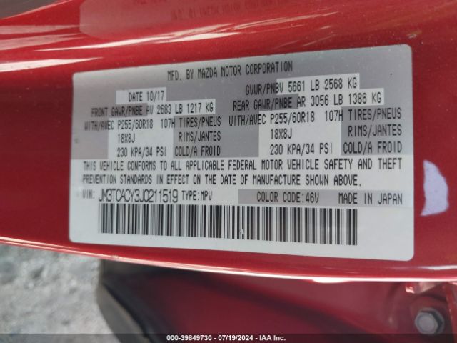 JM3TCACY3J0211519 Mazda Cx-9 Touring