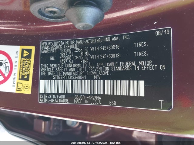 Toyota Highlander Le Plus 2019 5TDZZRFH0KS348041 Image 9