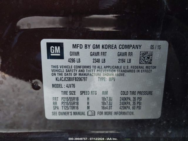 KL4CJCSBXFB206797 Buick Encore Leather