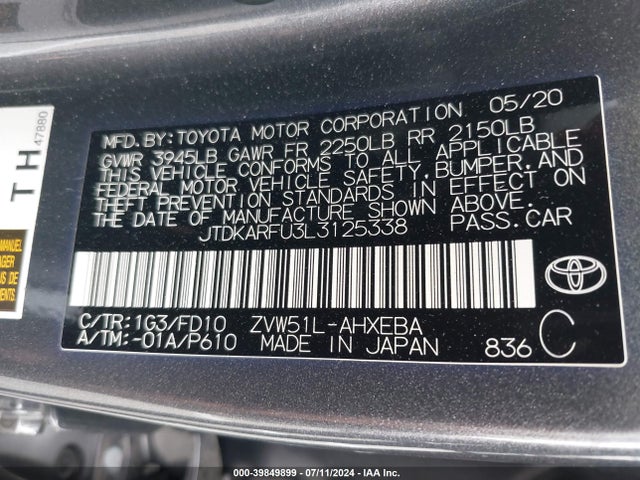 Toyota Prius Le 2020 JTDKARFU3L3125338 Image 9