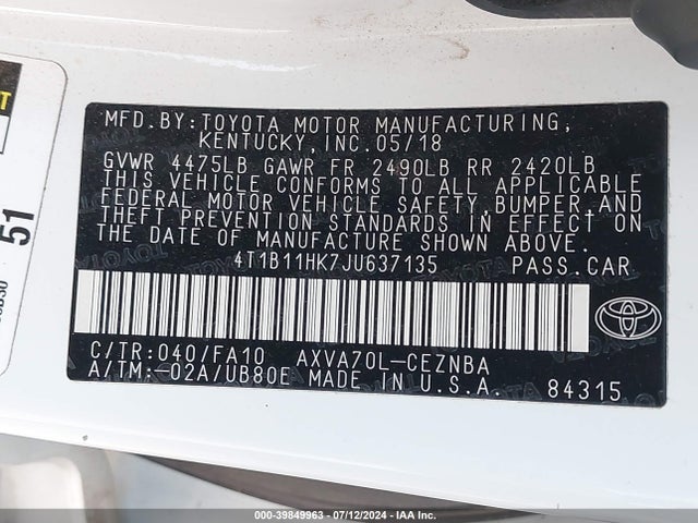 Toyota CAMRY LE 2018 4T1B11HK7JU637135 Image 9