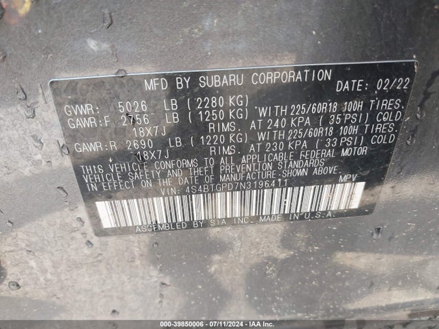 4S4BTGPD7N3196411 Subaru Outback Touring Xt