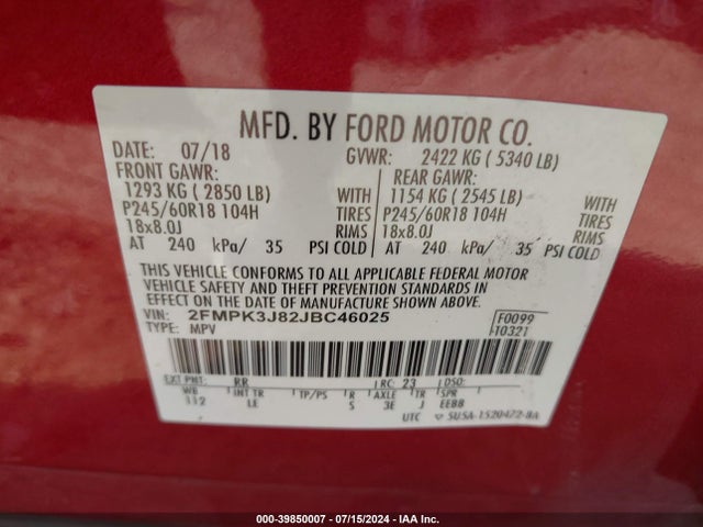 Ford EDGE SEL 2018 2FMPK3J82JBC46025 Image 9